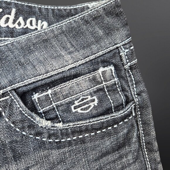 Y2K Harley Davidson Straight Leg Jeans Size 0 Black Embroidered Pockets Low Rise - Picture 10 of 13